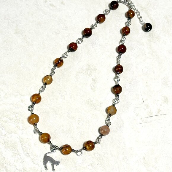Genuine Earthy Carnelian Agate Short Necklace, Gemstone & Slim Cat Pendant - Picture 7 of 15